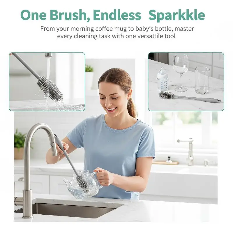Long Handle Silicone Milk And Glass Bottle Cleaning Brush Multifunction Cup Mouth Scrubber Household Cleaning Tool