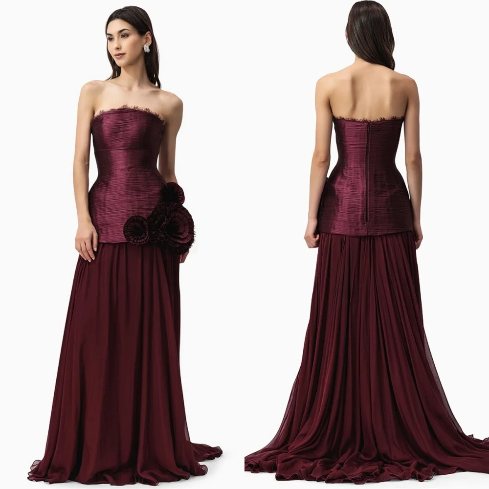 

Customized Delicate Burgundy Chiffon Evening Dress Exquisite Strapless Sleeveless Zipper Back Flowers Special Occasion Gowns