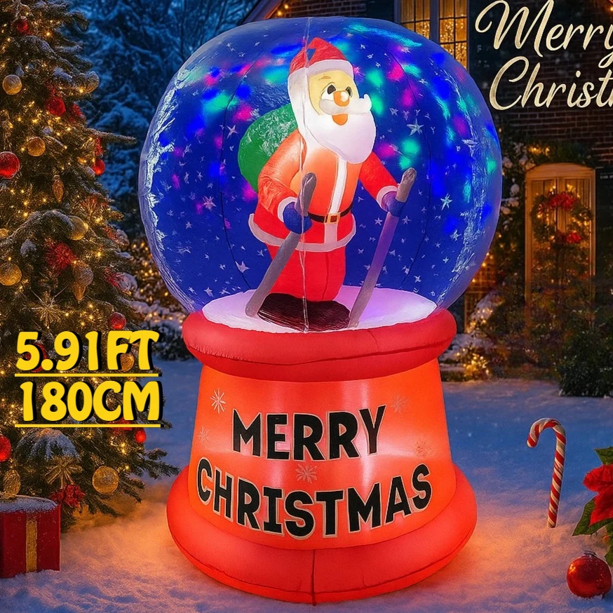 5,91FT Gonfiabile Babbo Natale Giocattolo Sfera di cristallo Decorazioni natalizie per forniture da giardino con luci a LED Ornamenti per la casa Regali festivi