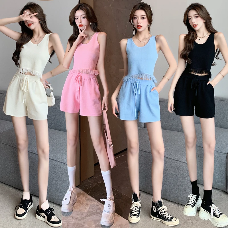 Tank Top Knit Set Women's Summer 2023 New European Style Fashion Sports Casual Tank Top Shorts Two Piece Set