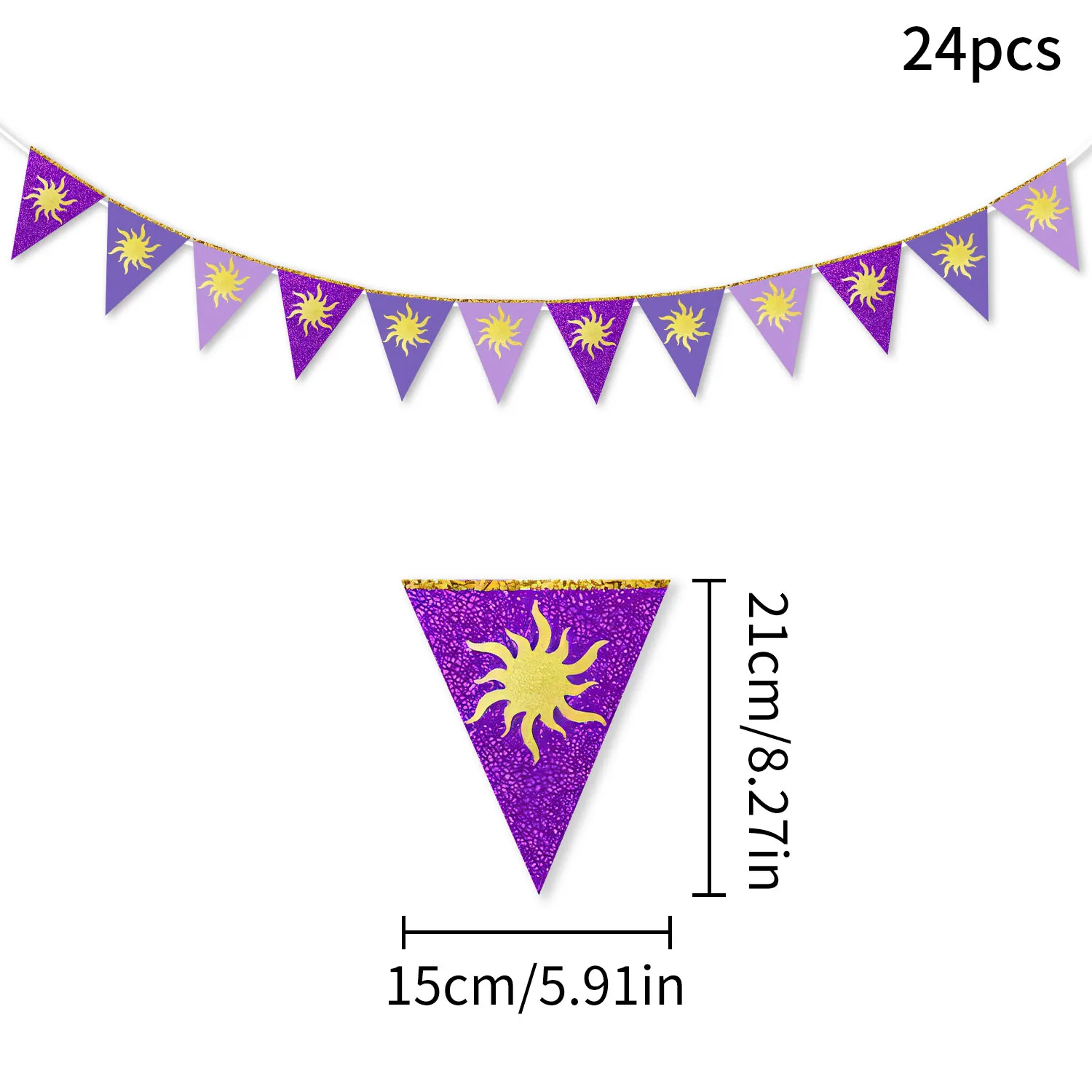 Lila Sonnen-Wimpelkette mit Goldsonnen, Hängende Papier-Dreiecksfahnen für Geburtstag, Brautparty, Hochzeit und Bache-Dekorationen – Detail 8