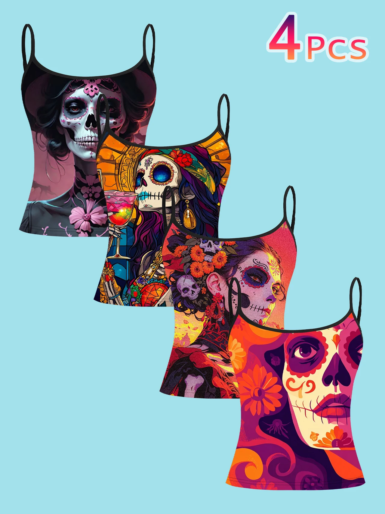 4-Piece Set of Mexican Day of the Dead Colorful Sugar Skull Beauty Print Camisole Tops for Women, Vintage Art Spaghetti Strap Slim-Fit Inner Wear Tops