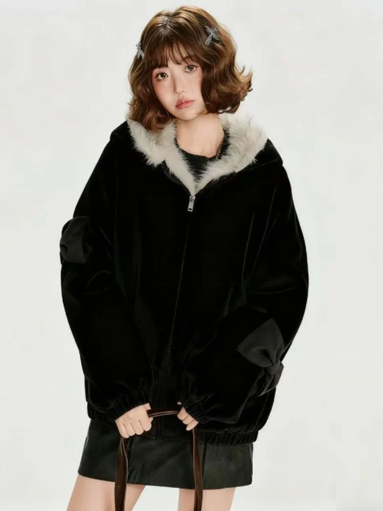 Thickened Warm Hooded Jackets Coat Women's Casual Vintage Korean Fashion Chaquetas Loose Zippers Fur Velvet Short Jaquetas