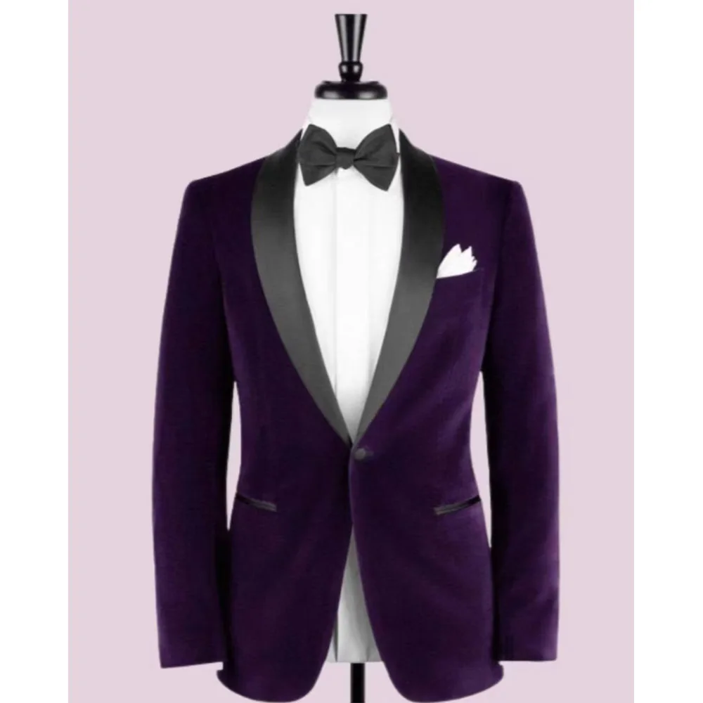 Casual Men\'s Suits Purple Blazer One Piece Black Shawl Lapel One Button Slim Fit Velvet Smoking Jacket Prom Party Clothing 2024