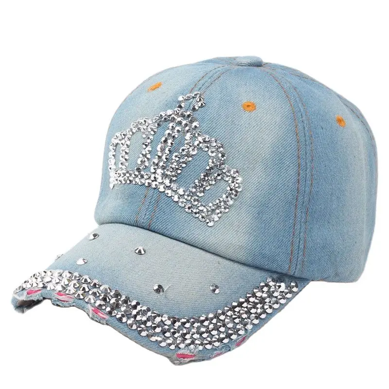 Women Bling Tiara Distressed Denim Baseball Cap Rhinestones Embellished Washed Retro Style Adjustable Hat