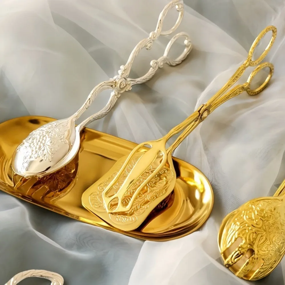 Kitchen Accessory Gold-plated Fruit Salad Clip European Vintage Silver/Gold Food Tong Embossed Cake Clip Dessert