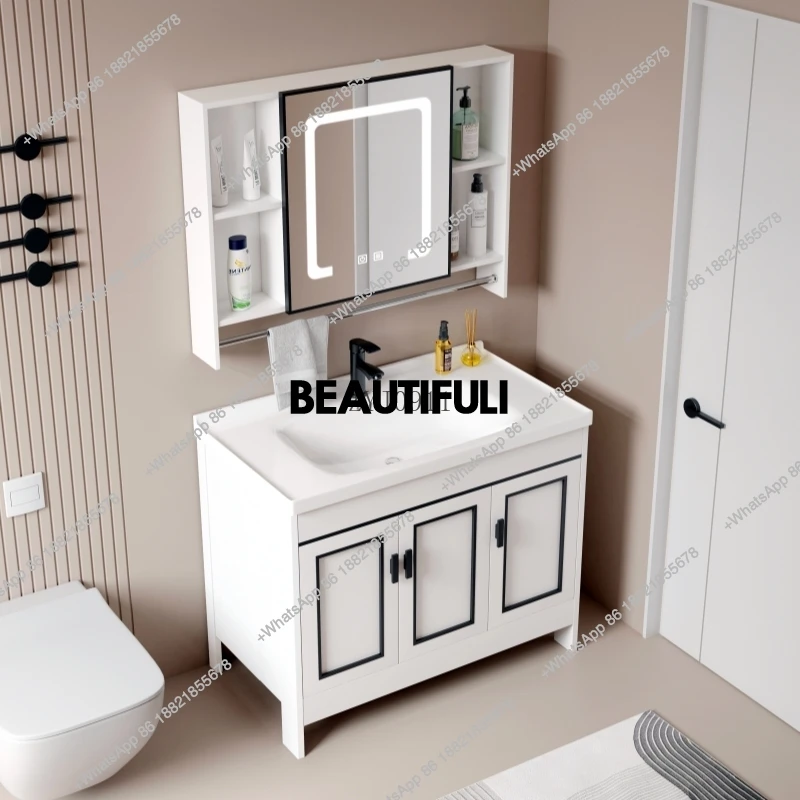 

Комбинация алюминиевого шкафа для ванной комнаты от пола до потолка, простой сотовый умывальник из алюминиевого сплава, керамическая встроенная раковина