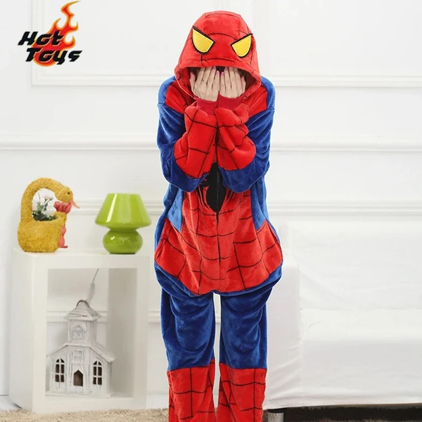 Spider Man Costume Pajamas Adult Spiderman Cosplay Costume Nightgown Home Flanne Hooded Sleepwear Jumpsuit Pajamas for Women Men