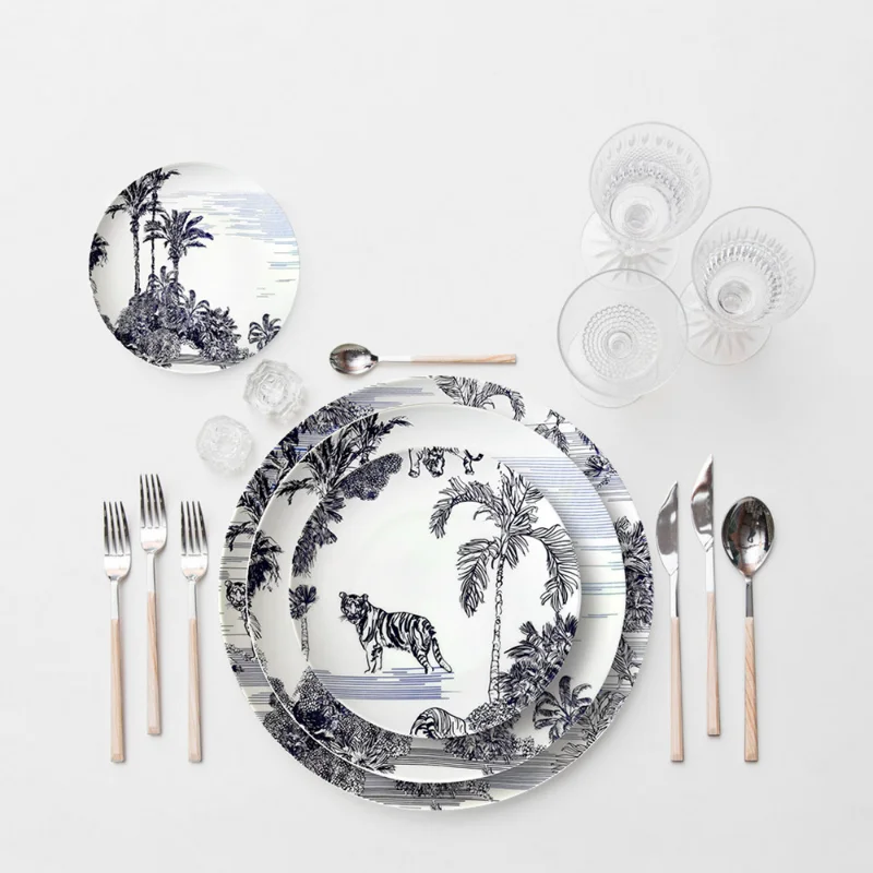 High Grade Bone Porcelain Dinner Set Plates and Dishes Black and White Jungle Tiger Ceramic Plate