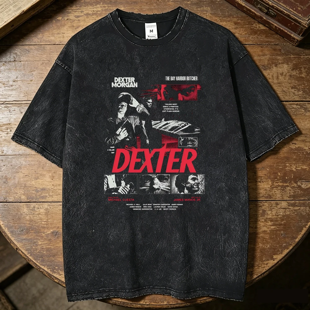 Dexter Morgan Vintage Washed cotton tshirt teen anime 2000s korean clothes women University Punk Comfortable Psychedelic Y2k