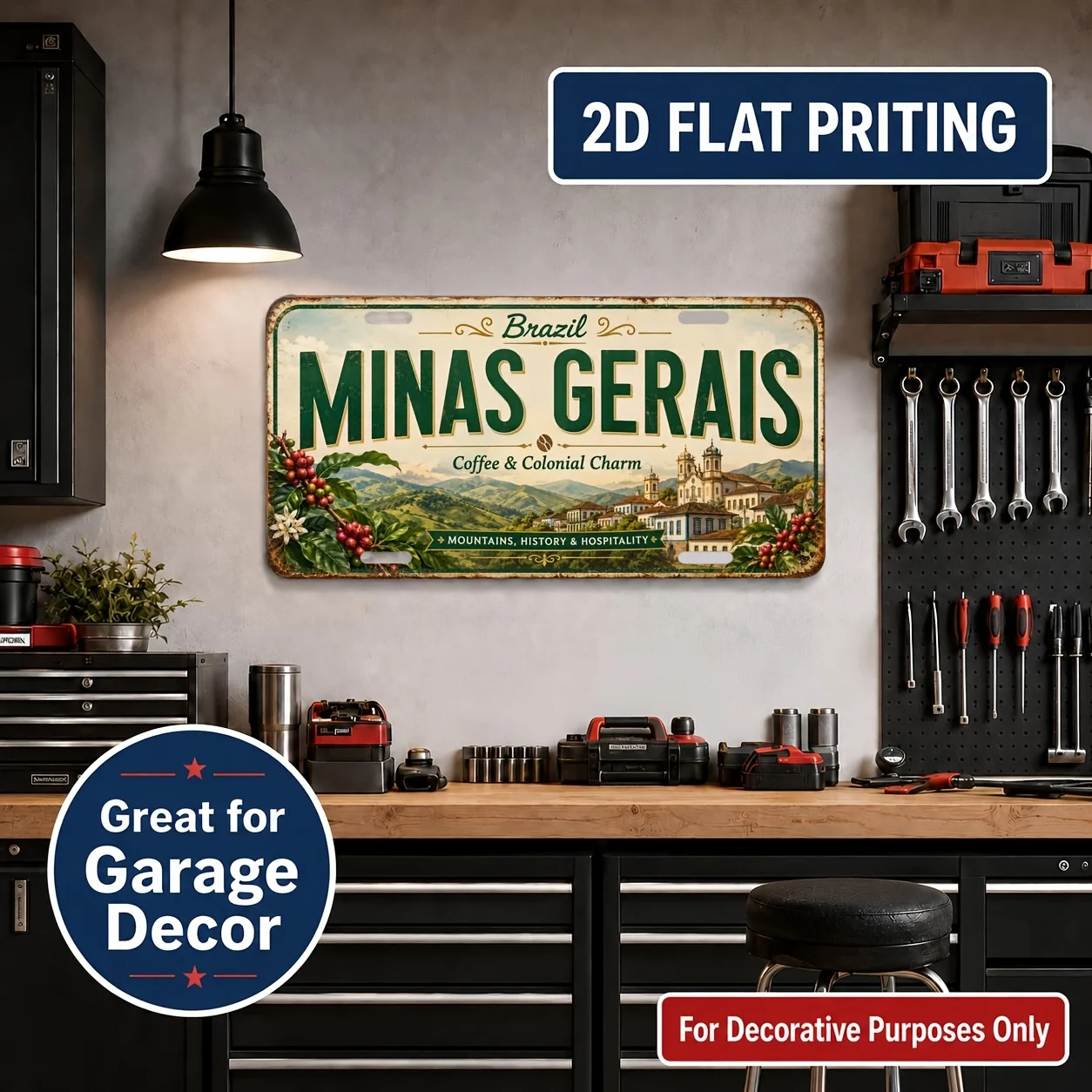 2D Flat, [2D Flat] 2D Flat Plane, 1pc, Vintage Metal License Plate Wall Sign, Minas Gerais Theme - Durable and Fade-Resistant, I