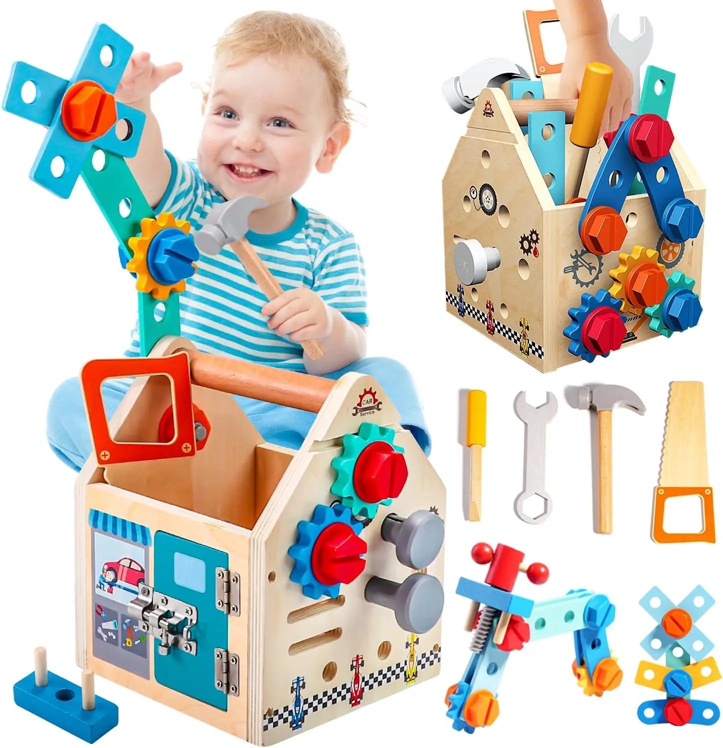 Wooden Toolbox Set - Montessori Screw Puzzle with Simulation Maintenance & Repair Tools, Kids Pretend Play Gift