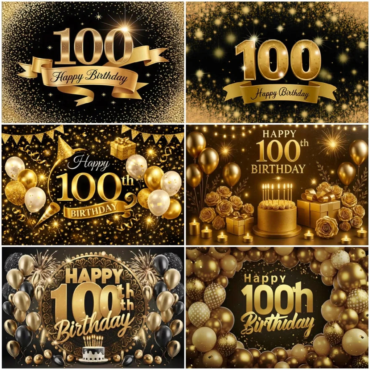 

Black Gold 100 Years Old Birthday Party Decor Background Colorful Balloons Banner Adult Photo Shoot Props Photography Backdrop