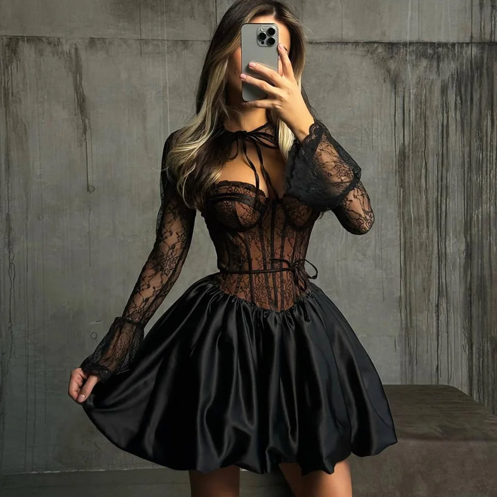 

Pop Black Lace Pleated Dress Women Elegant Slim Sexy Lace Strappy A-Line Dress Party Club Y2k Luxury High Waist Dress Set