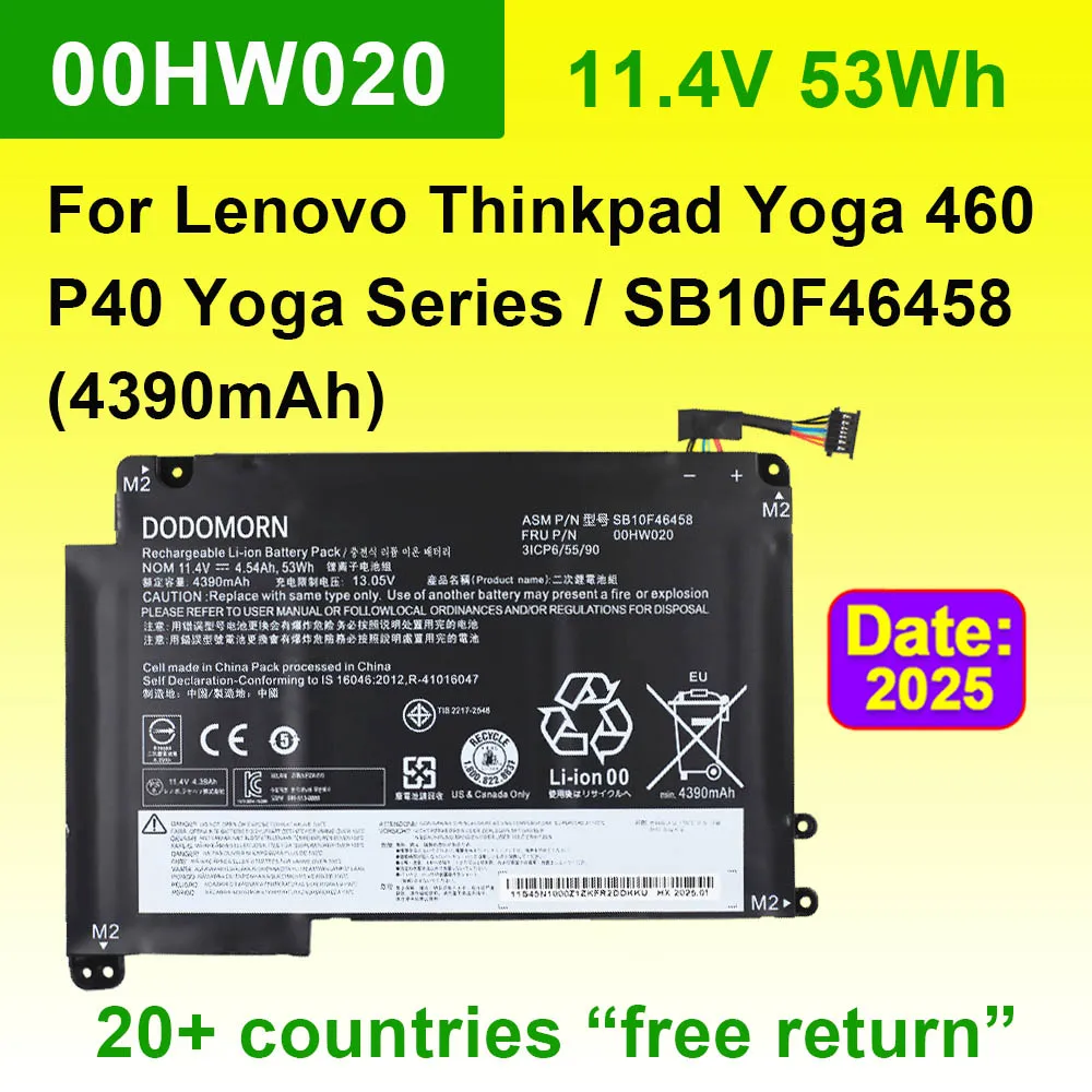 

FOR LENOVO ThinkPad Yoga 460/P40 Yoga Laptop Battery Compatible with 00HW020 00HW021 SB10F46458 SB10F46459 11.4V 53Wh 4390mAh