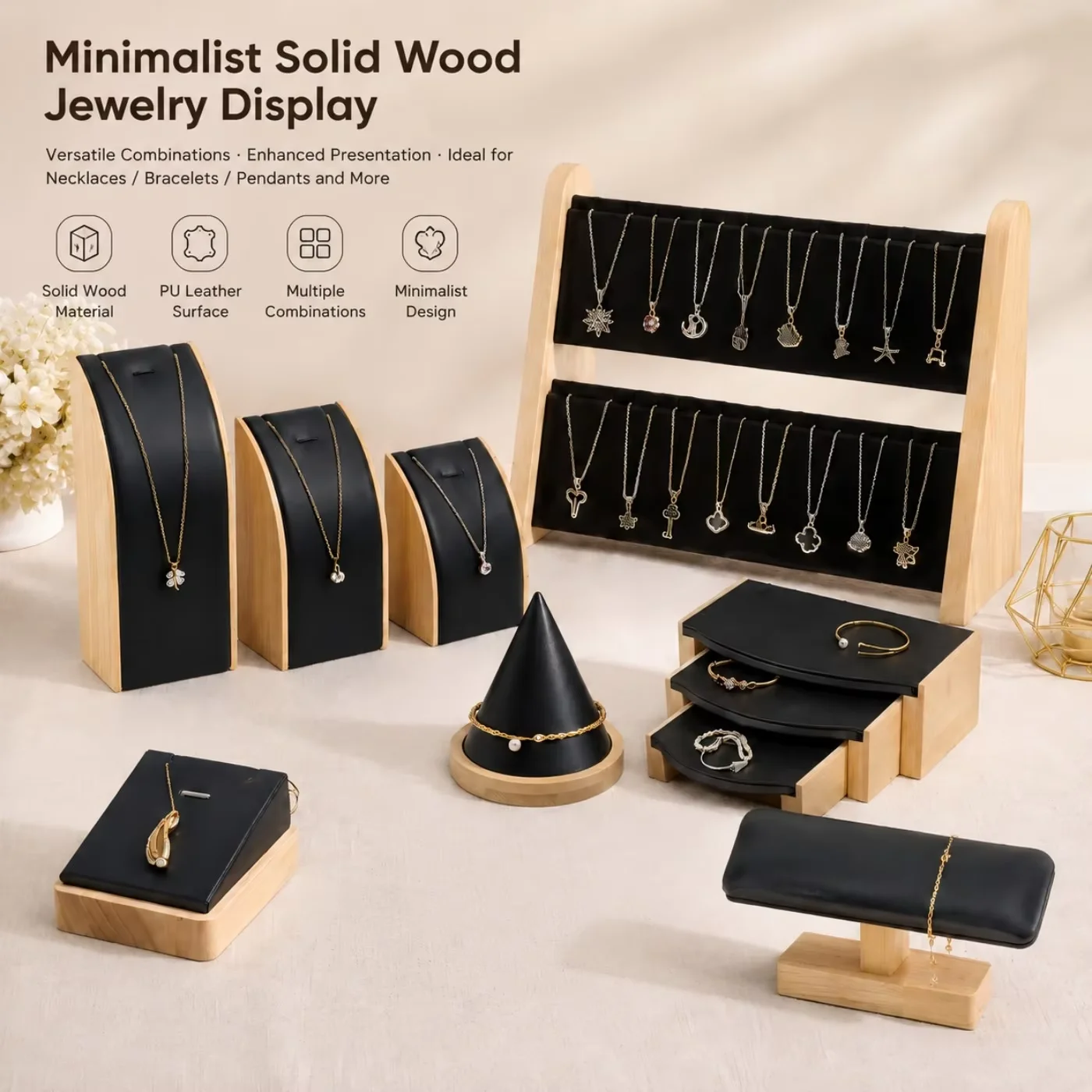Solid Wood PU Jewelry Display Multi Combination Necklace Ring Bracelet Holder Jewelry Shop Counter Photography Prop