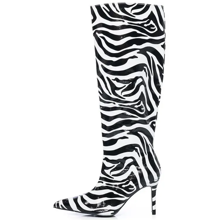 Black & White Stiletto Heel Zebra Boots Elegant Pointy Toe Knee High Boots Slim Leather Dress Party Casual Shoes