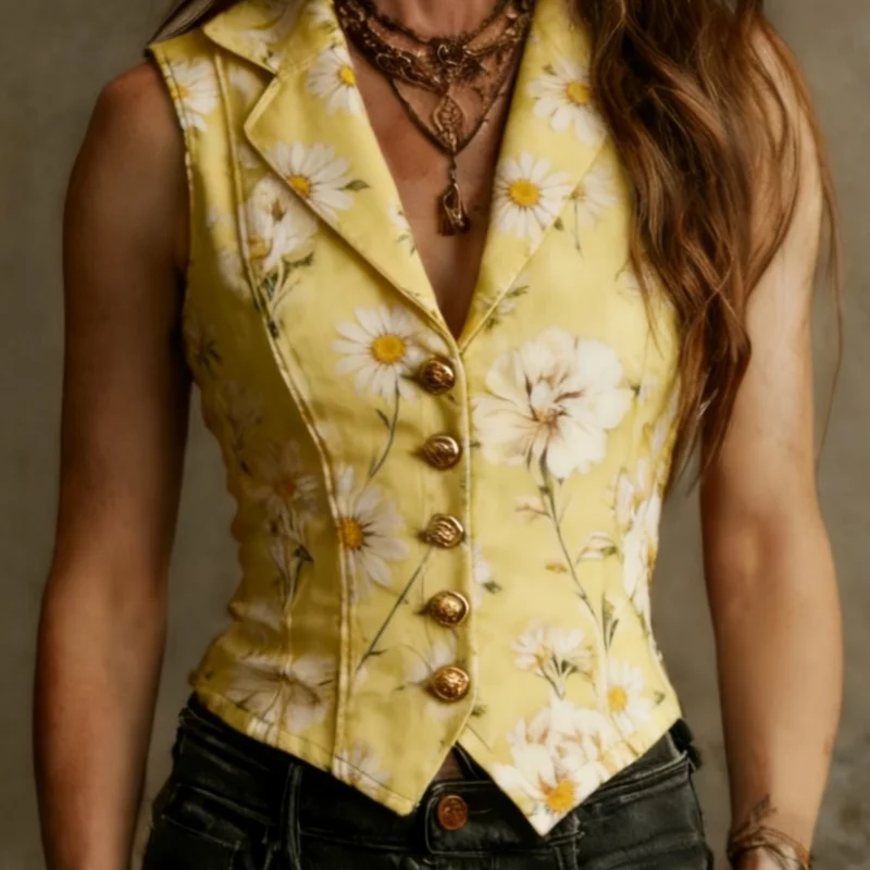 Boho Floral Daisy Print Sleeveless Vest Jacket Women Lapel Collar Single Breasted Slim Corset Waistcoat Summer Streetwear Top