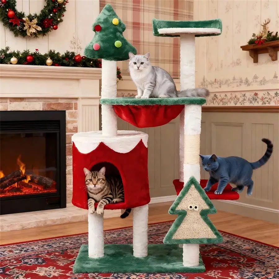 

Кошачья лежанка-когтеточка 43 дюйма - праздничная мебель для кошек с лазательной рамой, когтеточками, плюшевым лежаком и домиком, с сизалевым покрытием для дома