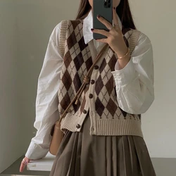 Sweter dziergany kamizelka kobiety Retro na wszystkie mecze jednorzędowe różnokolorowe kamizelki w stylu Preppy Chic Kawaii swetry bez rękawów studenci