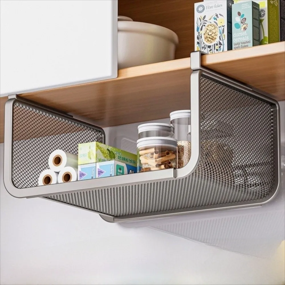 

Wall Mounted Pull Out Storage Rack Under Shelf Storage Wall Wardrobe Storage Hanging Net Basket Metal Net Large Capacity