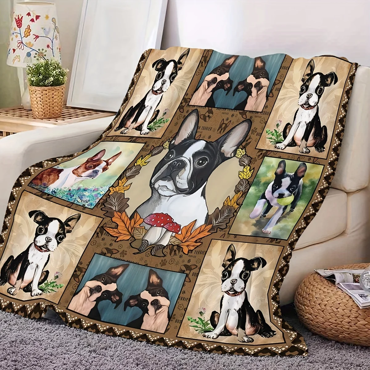 Cozy Fleece Blanket with Cute French Bulldog Design Soft for Sofa, Camping Travel All-Season Must-Have for Home Outdoor Scenes