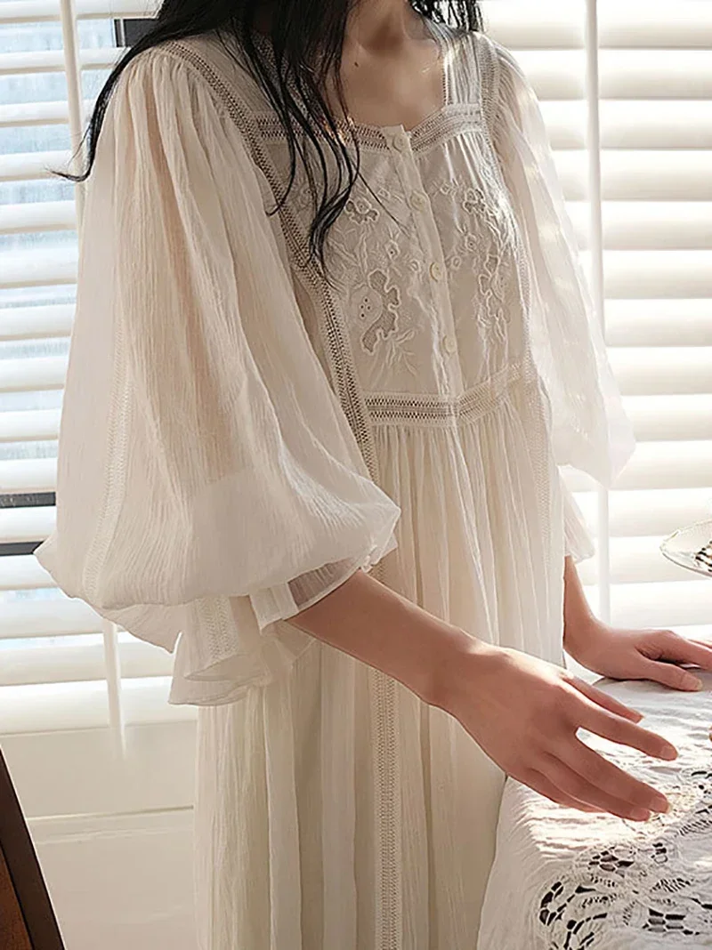 Women Pure Cotton Ruffles Vintage Princess Nightgowns Robe Nightie Long Dress Victorian Romantic Sleepwear Fairy Night Dress