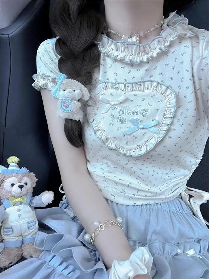 Verão querida y2k floral ort sve camiseta e saia azul conjunto para mulheres jovens roupa fracionável e fofa