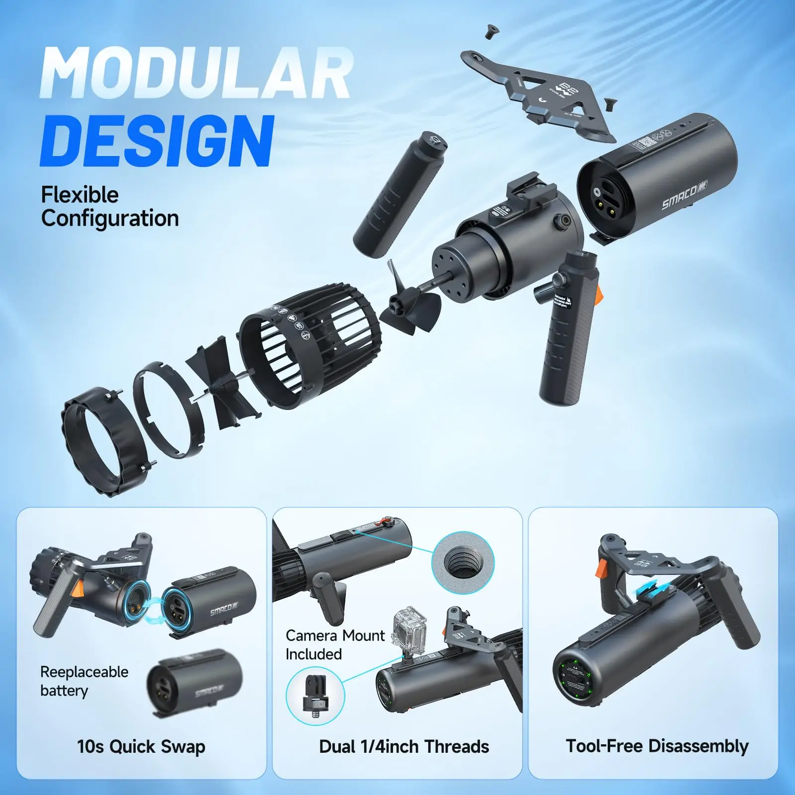 SMACO Underwater Scooter Dual Motor Sea Scooter Portable Electric Diving Propeller for Snorkeling Swimming Water Sports New - view 3