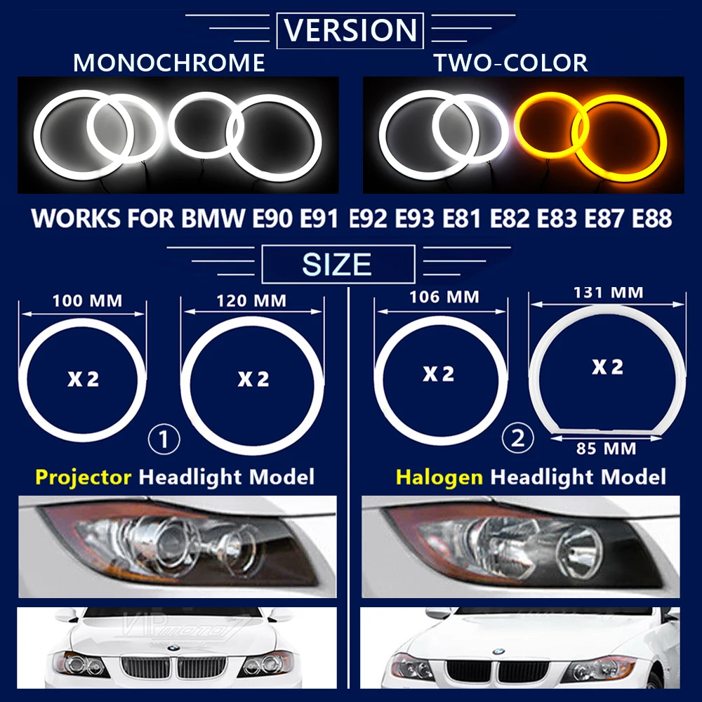 4Pcs Car-styling Dual color White Yellow Angel Eyes LampsLED Halo Rings Cotton Light For BMW E92 E90 E93 E90 M3 E81 E82 E87 E88