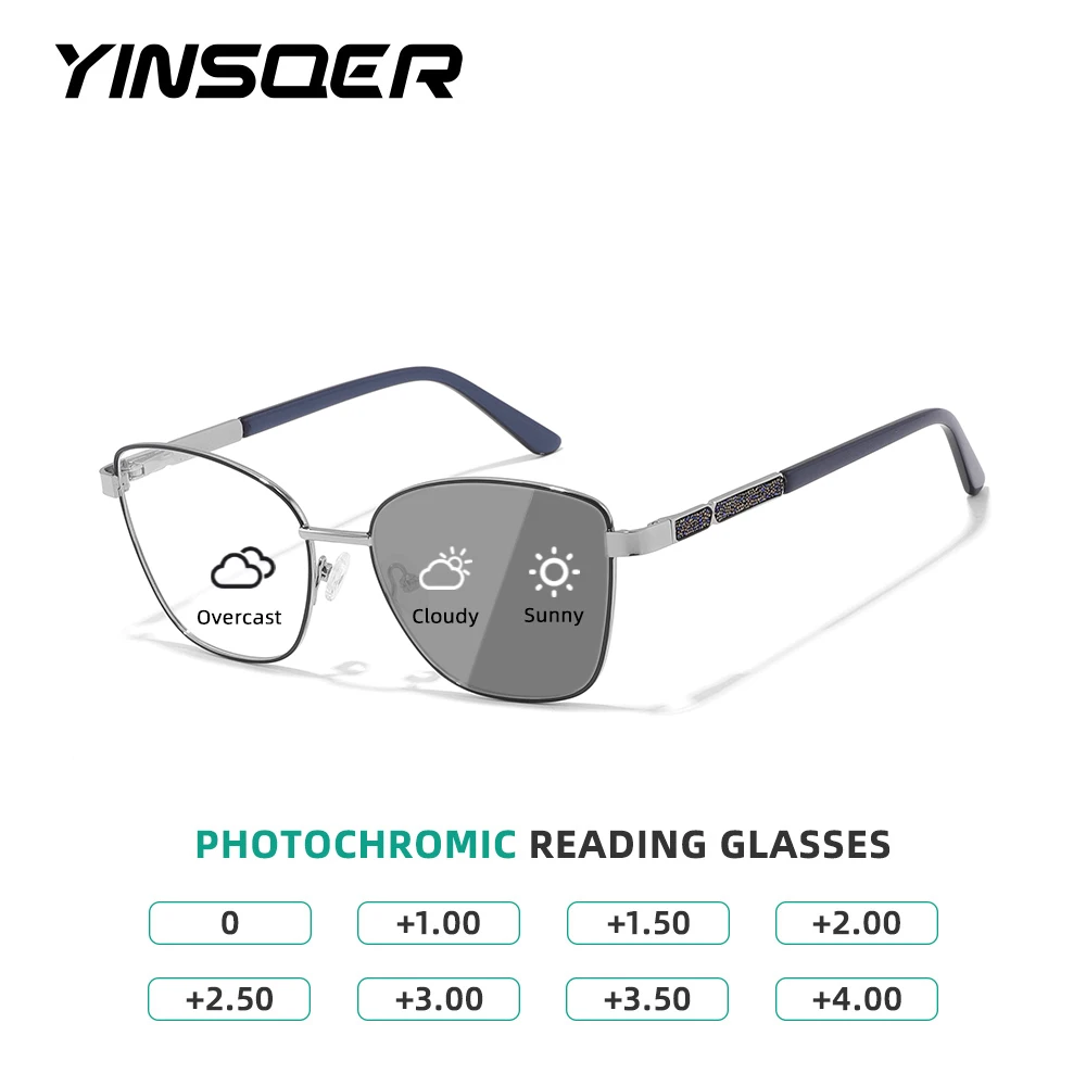 

Crystal Bead Accent Cat-Eye Photochromic Reading Glasses Custom Prescription Metal Frame for Women Glamorous Eyewear Comfort Fit