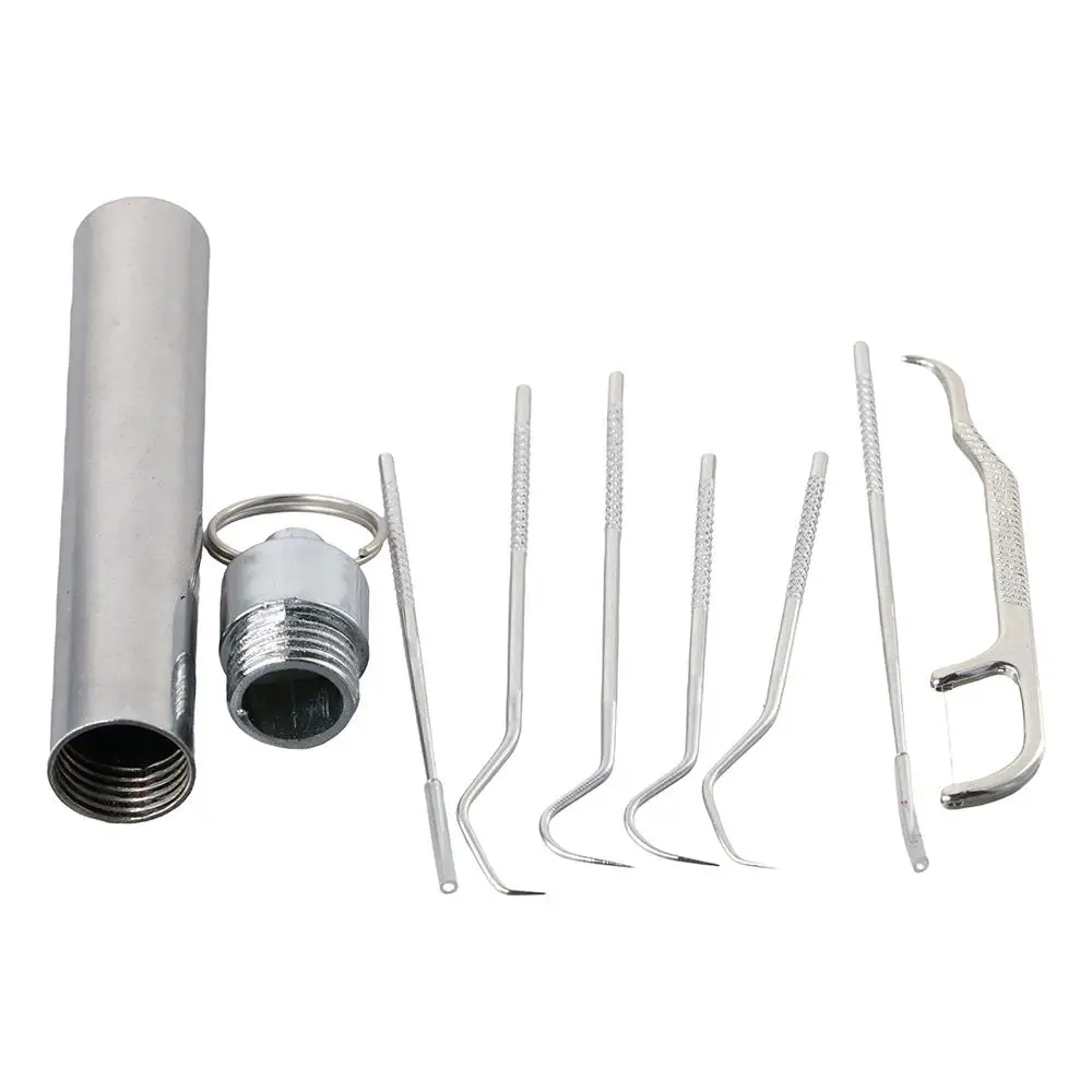 

Flosser Teeth Cleaner Seal Storage Box Oral Care Toothpick Pocket Set Tooth Pick Stainless Steel Toothpick Set Keychain Holder