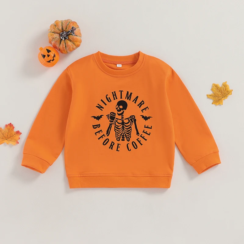 Children s Halloween Sweatshirts with Spooky Skull and Skeleton Design Featuring Bold Letter Print Crew Neck and Long