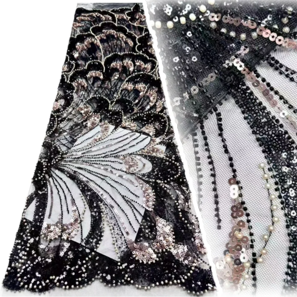 

Элитная африканская кружевная ткань с пайетками 2026 года, высококачественная вышивка пайетками и бисером на сетке для женских свадебных и праздничных платьев, 5 ярдов, 2407