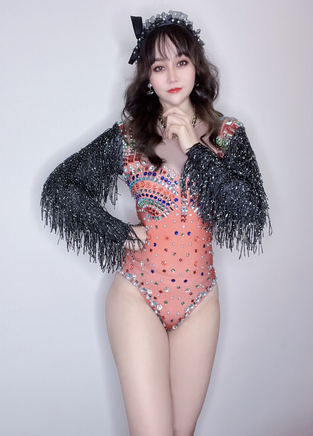 Nhiều Màu Tinh Thể Đen Tua Rua Skinny Leotard Câu Lạc Bộ Thanh Ca Sĩ Vũ Công Giai Đoạn Nhảy Bodysuit Tiệc Lễ Hội Ăn Mừng Bộ Trang Phục