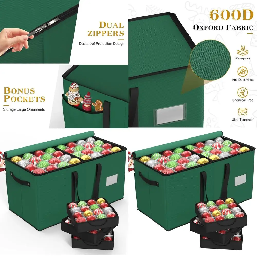 

Green Christmas Ornament Organizer with 8 Trays, Holds 128 Ornaments, Side Pocket, Adjustable Dividers