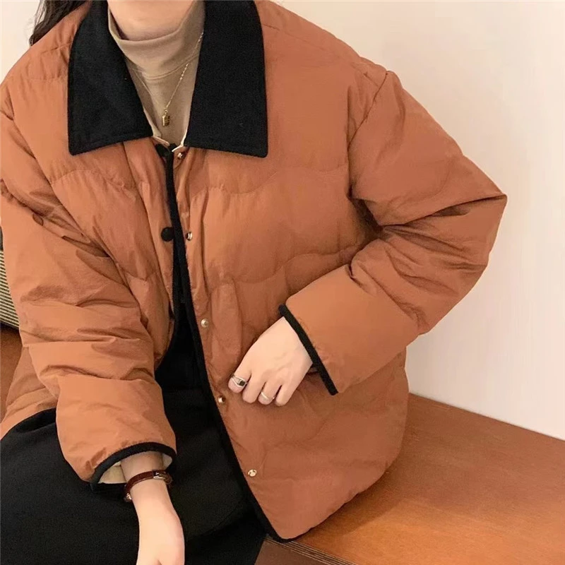 Women New 2023 Autumn And Winter Down Jacket Short Down Warm Coat Lapel Stitching Small Fragrance Loose Solid Color  Outerwear