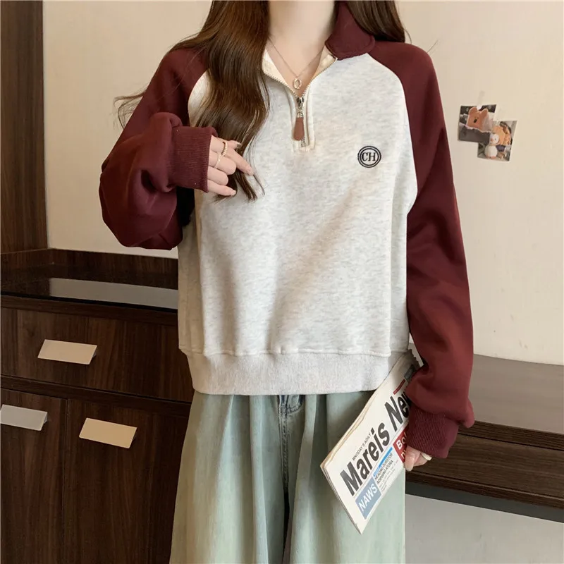 2023 Koreaanse Stijl Vintage Lente Herfst Vrouwen Klassieke Contrast Kleur Hoodies Pullover Revers Lange Mouw Dames Sweatshirts