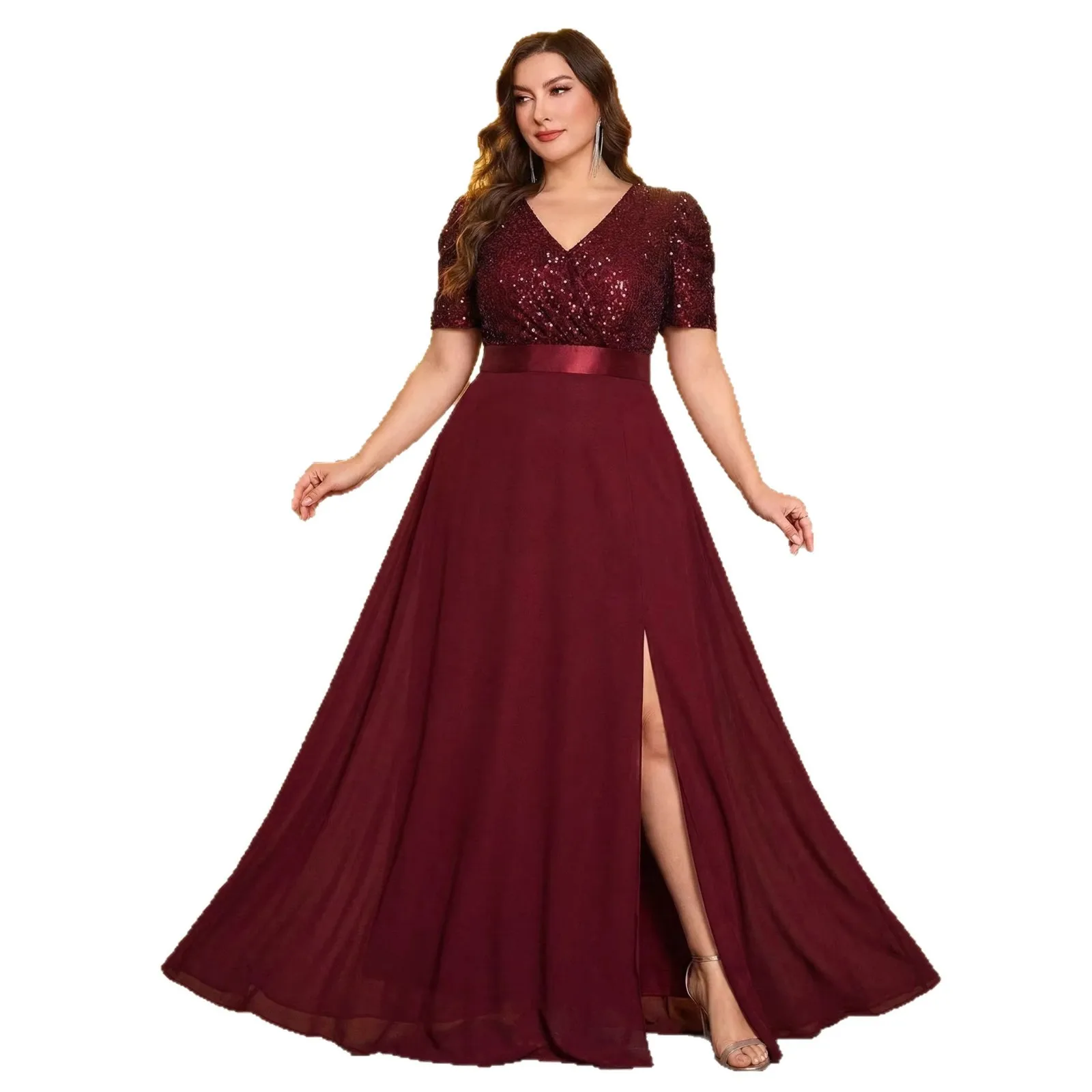 Elegant V-neck Sequined Chiffon Side Split Long Formal Evening Party Plus Size Bungundy Dress With Short Sleeves
