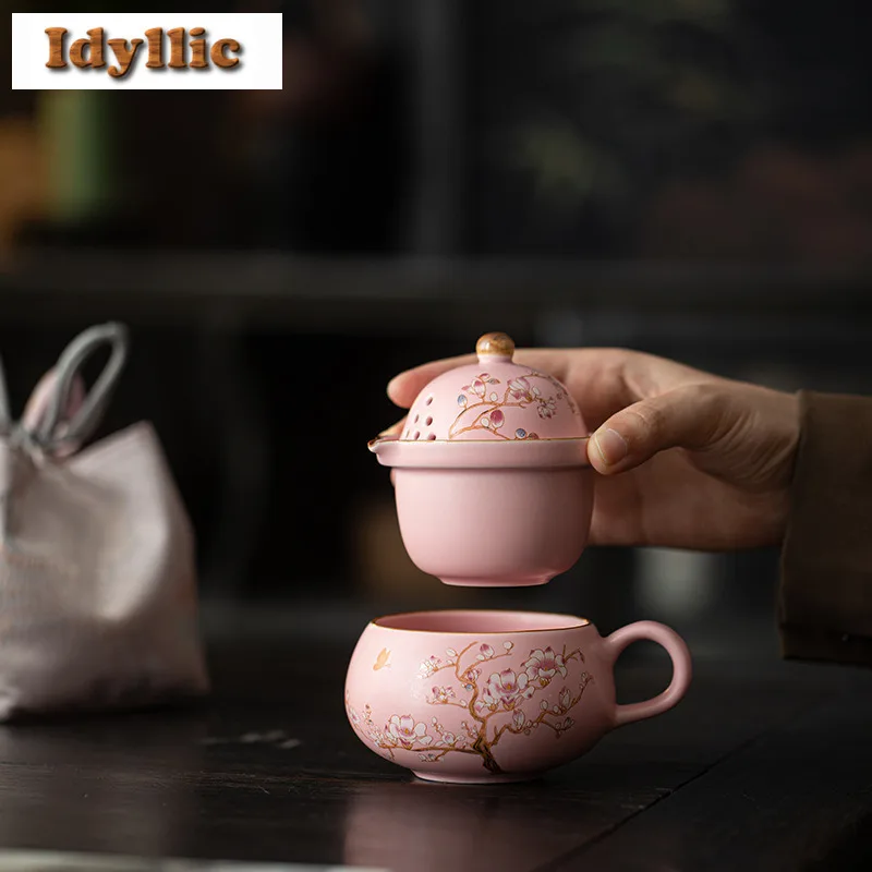 Imitation Song Ru Kiln Pink Jade Magnolia Travel Tea Set Kit Retro 1 Pot 3 Cups Tea Maker Organizer Portable Outdoor Stock Bags