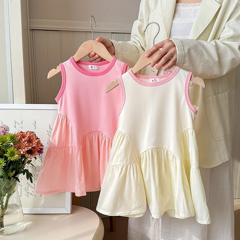 

Summer Toddler Girls Dress Cotton Sleeveless Kids Girl Dress Round Neck Patchwork Vest Girls Princess Dress