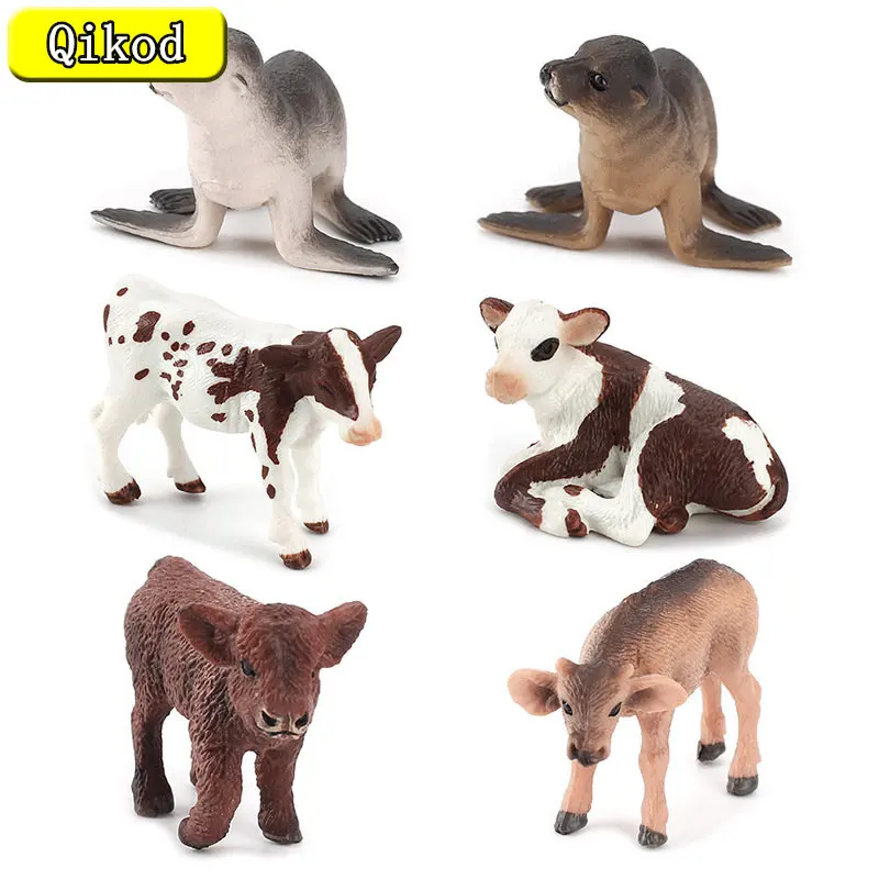 Simulated Farm Scene Highland Milk Cow Buffalo Sea Lion Solid Cub Animal Model Ornament Collection Educational Toy For Kids Gift