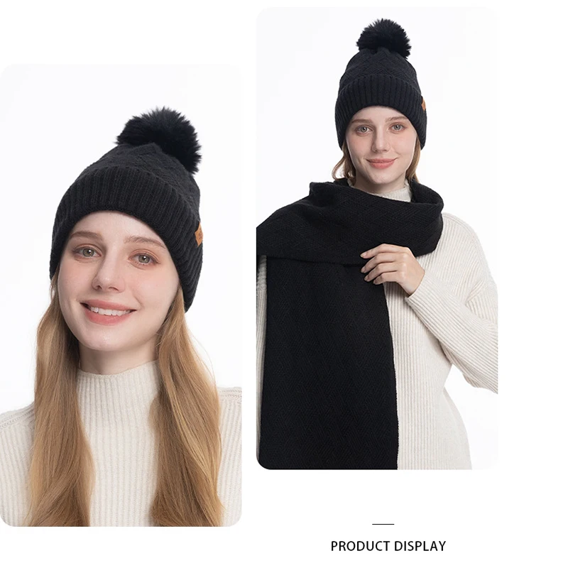 Conjunto de tres piezas de ropa de otoño e invierno: gorro, guantes y bufanda de punto de lana con forro polar de doble capa