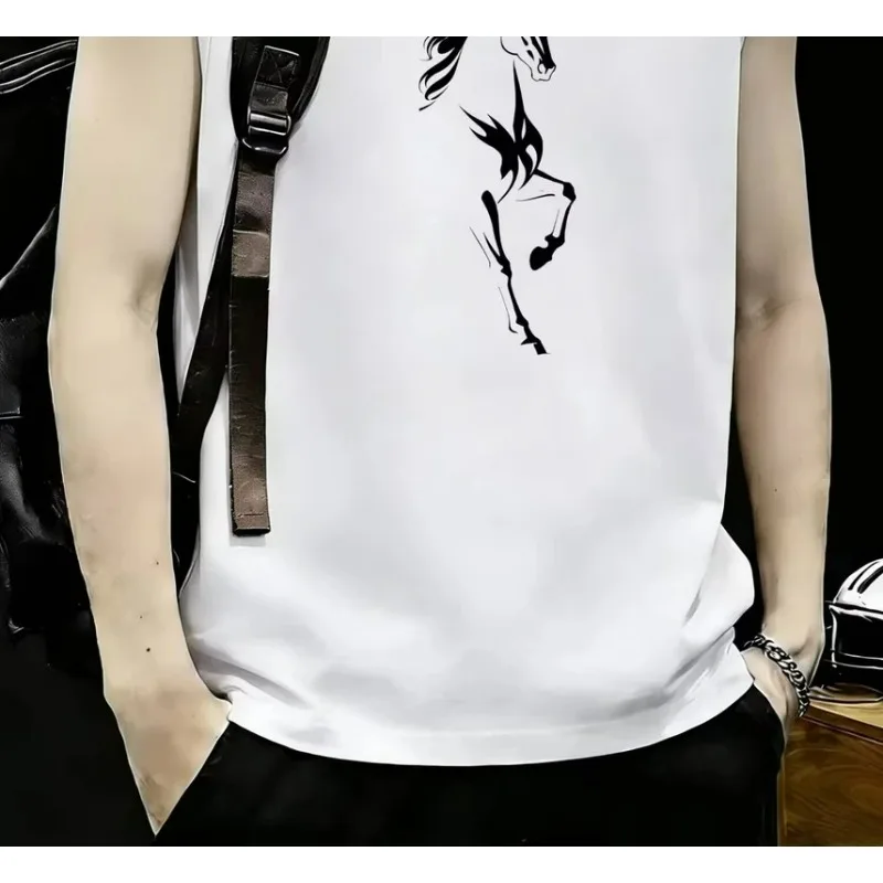 The New Men's Sleeveless Vest Is A Summer Trend Loose Pure Cotton Printed Horse Pattern Casual Waistcoat with A Hong Kong Style