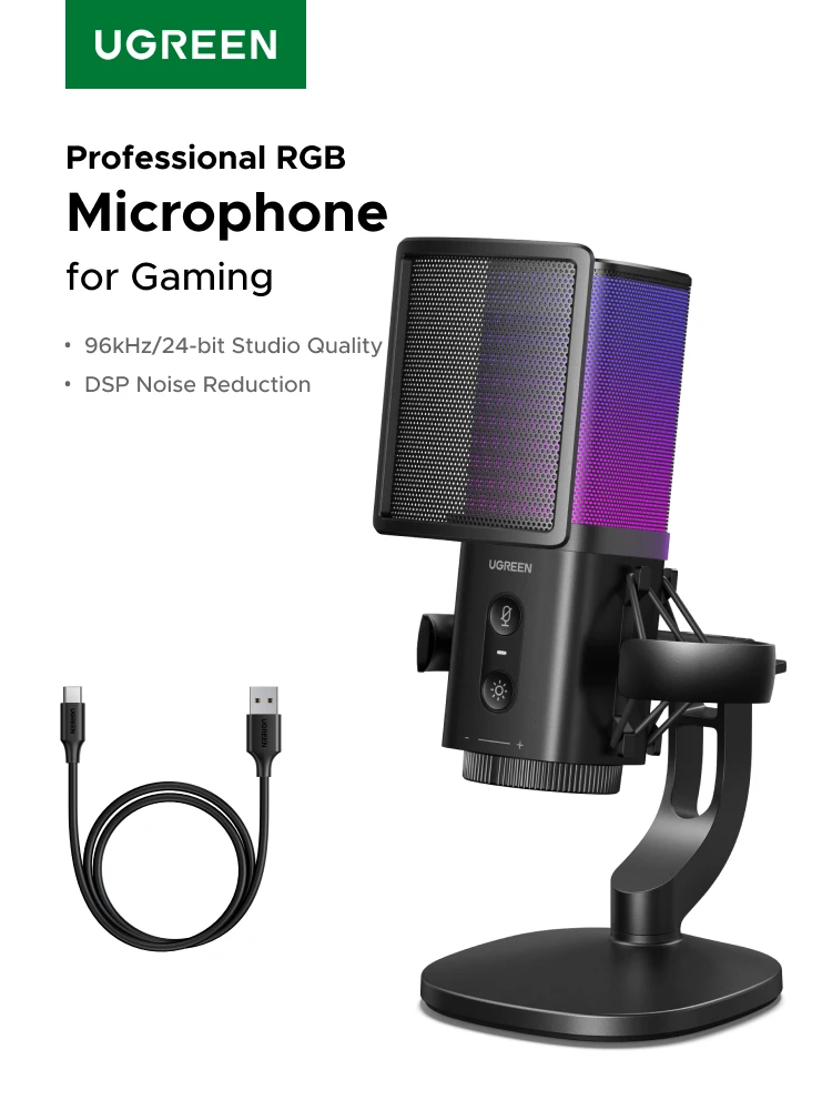 UGREEN Microphone USB avec bouton tactile muet et éclairage RVB adapté pour PC Mac Gaming enregistrement karaoké Streaming Podcasting