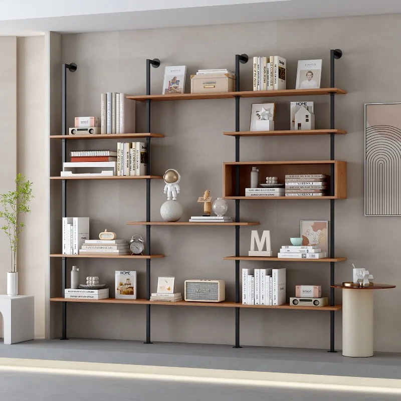 Shelf, bookshelf integrated against the wall, floor-to-ceiling living room,multi-layer adjustable office storage rack with lamp