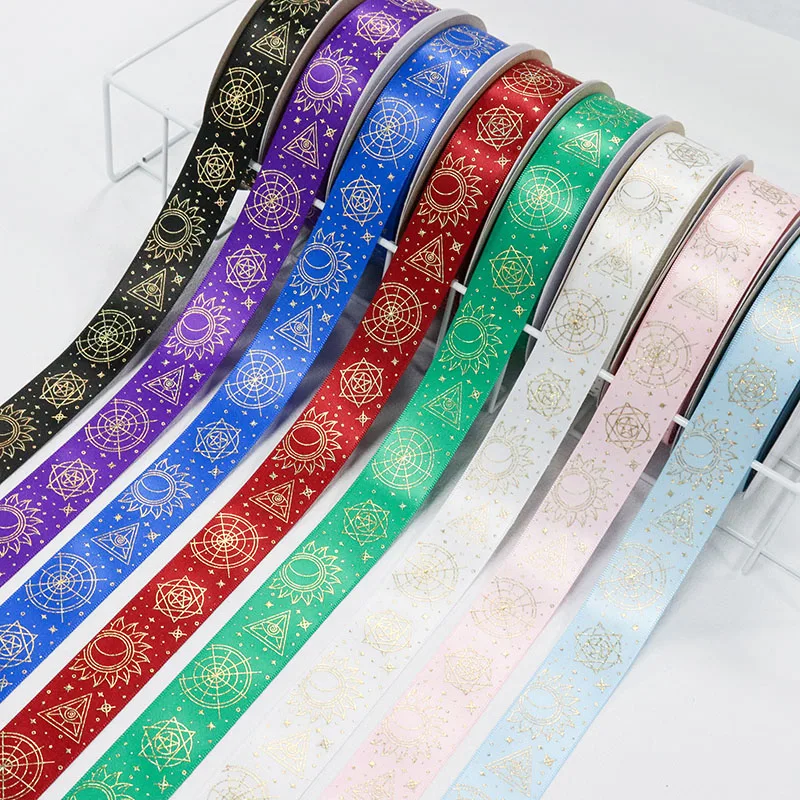 1'' 25mm Hologram Gold Foil Geometric Magic Circle Printed Single Face Satin Ribbon For Gift Wrapping DIY Material