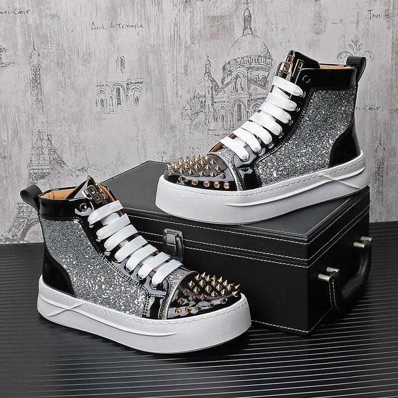 High Tops For Men's Silver Red Green Rivet Sequin Punk Rock Flats Platform Shoes Male Skateboard Walking Sneakers Ankle Boots