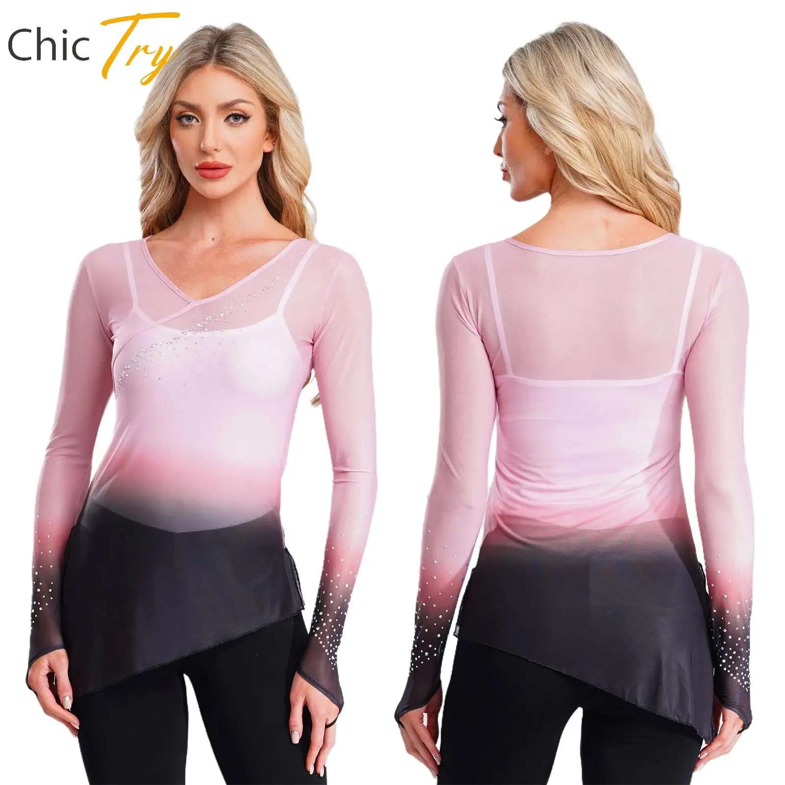 Traje de danza moderna lírico para mujer, traje de actuación de danza clásica, mangas largas, diamantes de imitación degradados, Tops de malla, ropa de entrenamiento de Yoga