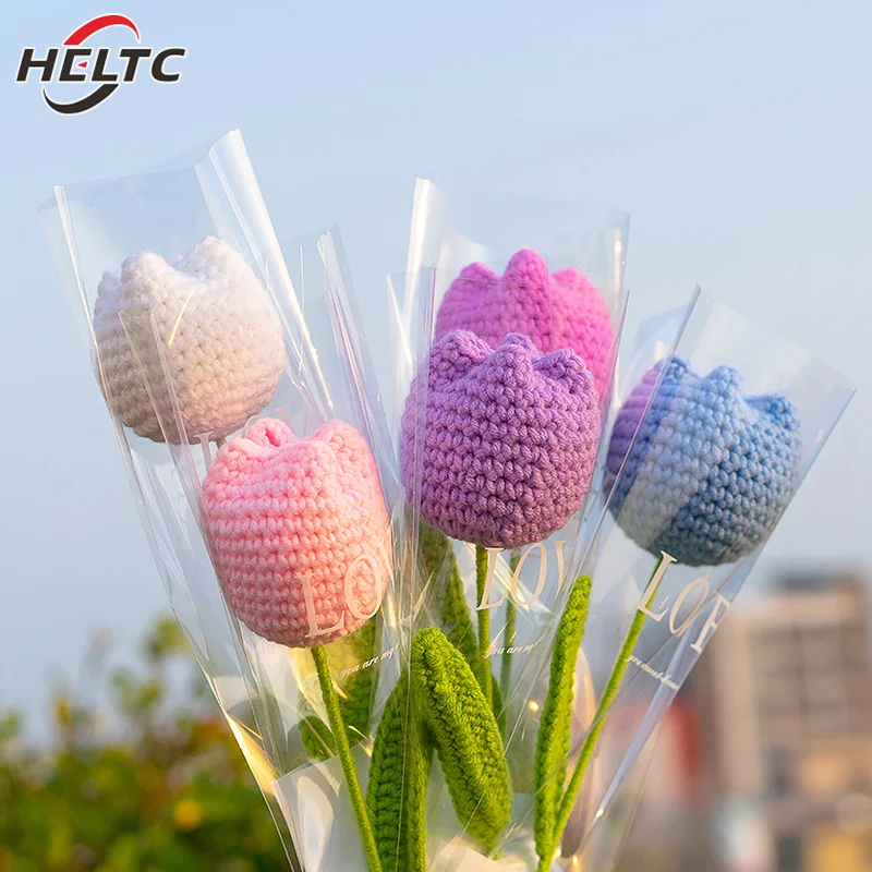 1pcs Tulip Knitting Flower Woven Tulips Single Flower Bouquet Wedding Decoration Graduation Gifts Hand Crochet Fake Floral image 3